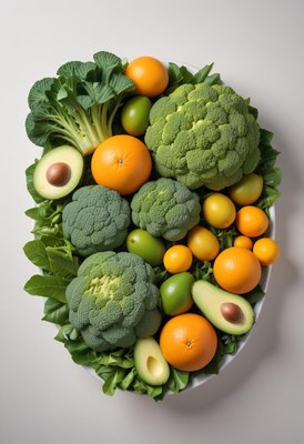 Bowl of fresh broccoli, oranges, limes, avocados