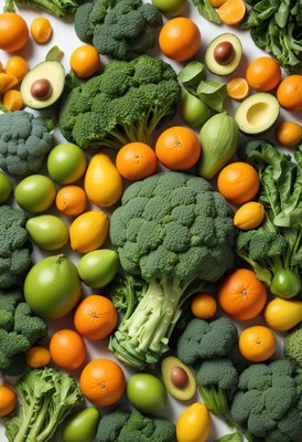 Fresh broccoli, oranges, and limes make a colorful display