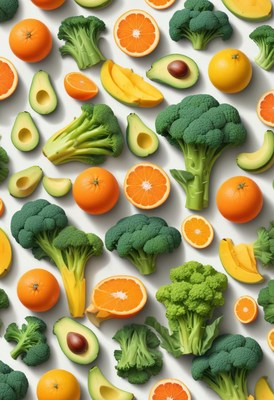 A pattern of fresh broccoli, avocado, and orange slices