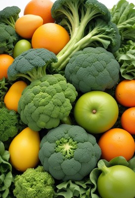 A close-up of broccoli, oranges, and limes