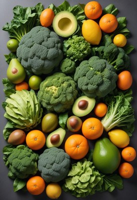 Fresh fruits and veggies on a grey surface
