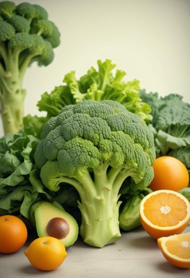 Broccoli floret beside fresh oranges and avocado