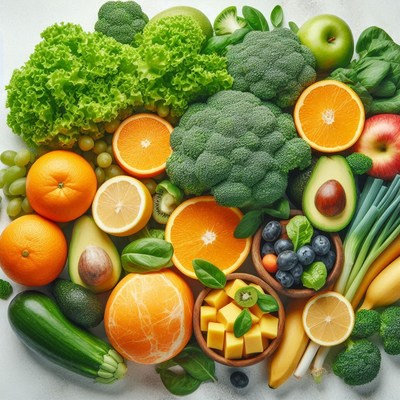 Fresh fruits and vegetables on a white surface
