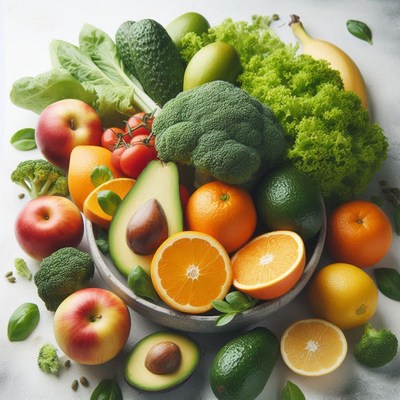 A bowl of fresh fruits and vegetables on a white background