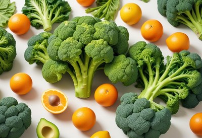 Fresh broccoli and oranges arranged on a white surface