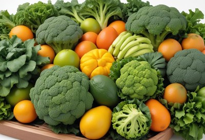 Various fresh fruits and veggies like broccoli and oranges