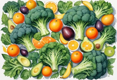 Vibrant mix of broccoli, oranges, avocado, plums