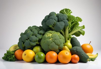 Fresh broccoli, oranges, and avocados sit on a white surface