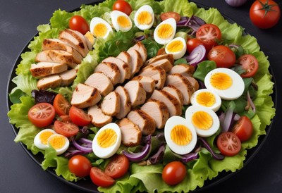 A delicious salad with chicken, eggs, and tomatoes