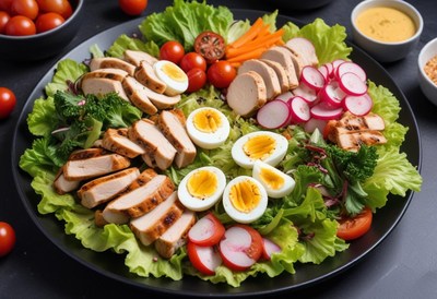 Grilled chicken salad with eggs and fresh veggies