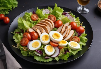 Salad with chicken, eggs, and tomatoes on black plate
