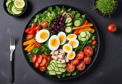 A colorful salad with eggs, cucumber, tomatoes, and peppers