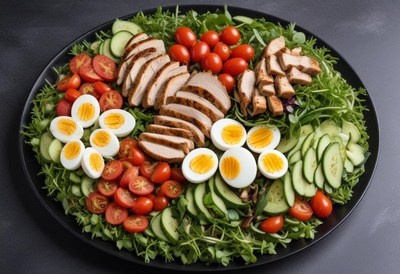 Chicken salad with eggs and tomatoes on a black plate