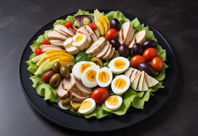 Colorful chicken salad on a black plate