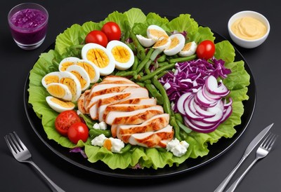 A delicious salad with chicken, eggs, and vegetables