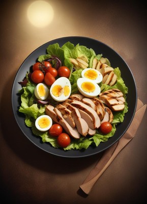 Grilled chicken salad with eggs and cherry tomatoes