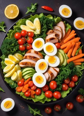 A colorful salad with chicken, eggs, and vegetables