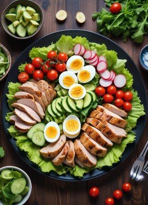 A healthy salad with chicken, eggs, cucumbers, and tomatoes