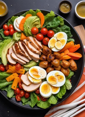 A colorful salad with chicken, eggs, and vegetables