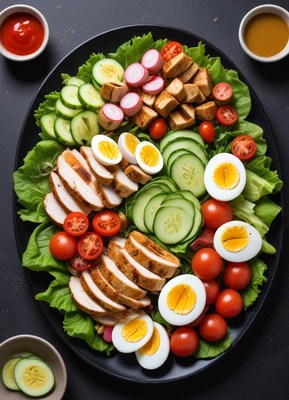 Colorful chicken salad on a black plate