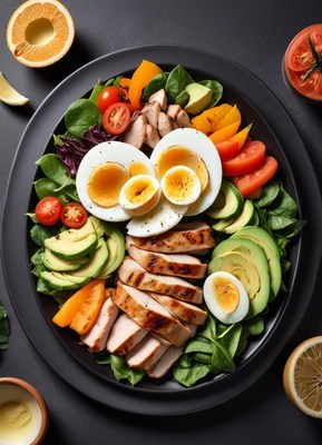 Salad with chicken, avocado, and eggs on black plate