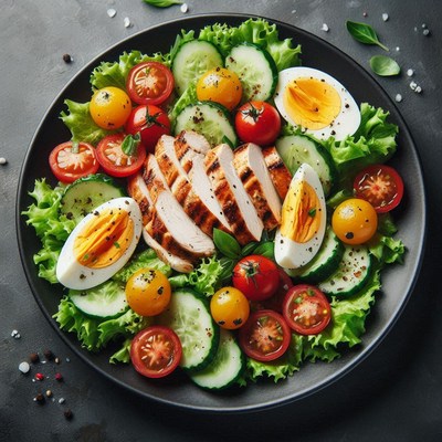 A healthy chicken salad with tomatoes, cucumbers, and eggs