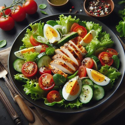 A healthy salad with grilled chicken, cucumbers, and eggs