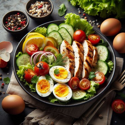 Grilled chicken salad with eggs and fresh veggies