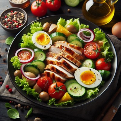 A healthy chicken salad with cucumbers, tomatoes, and eggs