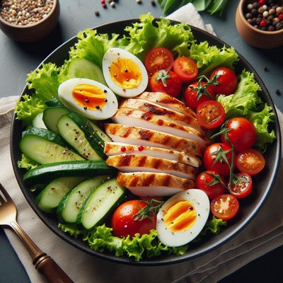 A healthy salad with chicken, cucumbers, tomatoes, and eggs