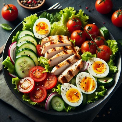Healthy chicken and egg salad with veggies