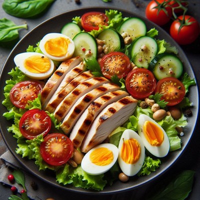Grilled chicken salad with tomatoes, cucumbers, and eggs
