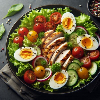 A healthy salad with grilled chicken, eggs, and vegetables