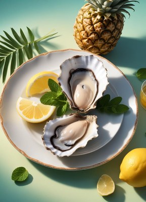 Two fresh oysters on a plate with lemon and mint