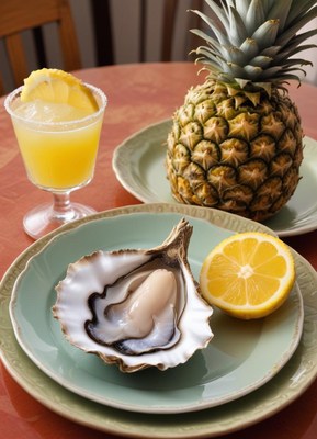 A single oyster on a plate with a lemon wedge and pineapple