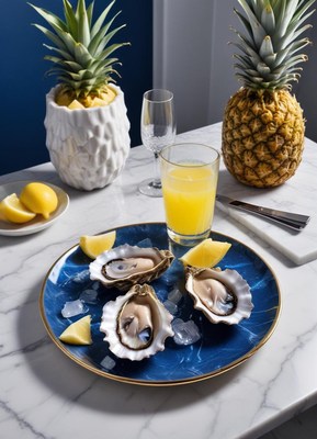 Fresh oysters on a blue plate with ice