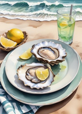 Oysters on a plate with lemon wedges on the beach