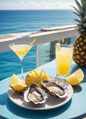 Seaside lunch: oysters, pineapple, lemon