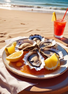 Oysters and a cocktail on the beach on a sunny day