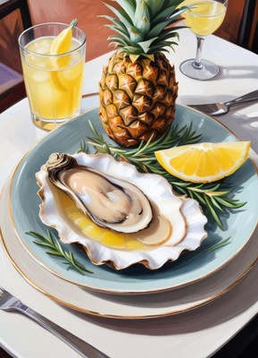 An oyster on a plate with pineapple and lemon