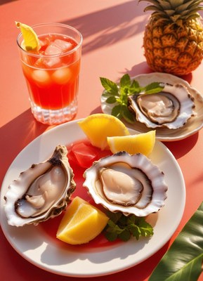 Fresh oysters with lemon and a refreshing drink