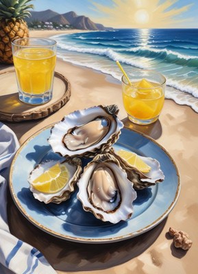 Oysters and lemon on a beachside plate