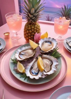 Fresh oysters on a plate with lemon wedges and rosemary