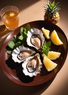 Three oysters on a brown plate with lemon wedges and mint