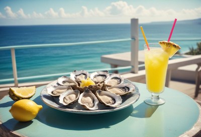 Oysters and a drink on a patio overlooking the ocean