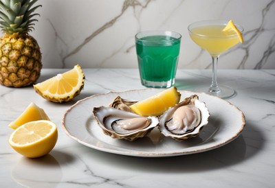 Two oysters on a plate with lemon wedges