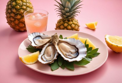 Fresh oysters with lemon and pineapple on a pink background