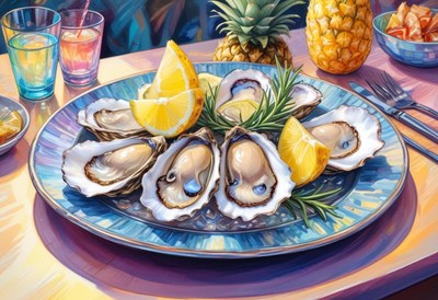 A plate of oysters with lemon and rosemary