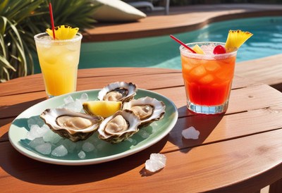 Fresh oysters and cocktails by the pool on a sunny day