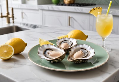 Three oysters on a plate with lemons